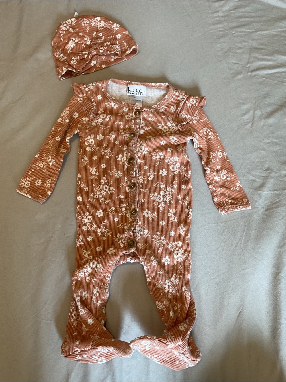 Nicole Miller Floral Ribbed One-Piece in Dusty Rose with Hat